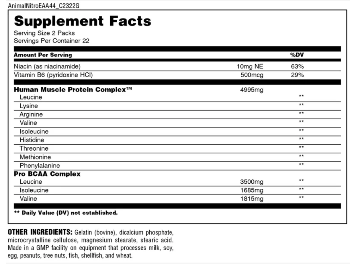 Animal Nitro Amino Acid Pill Packs: EAA BCAA Supplements (44 Packs)