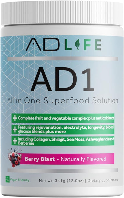 Project AD AD1, All in One Superfood Solution, Complete Fruit and Vegetable Complex Plus Antioxidants, Including Collagen, Shilajit, Sea Moss, Ashwaganda and Berberine (24 Servings)