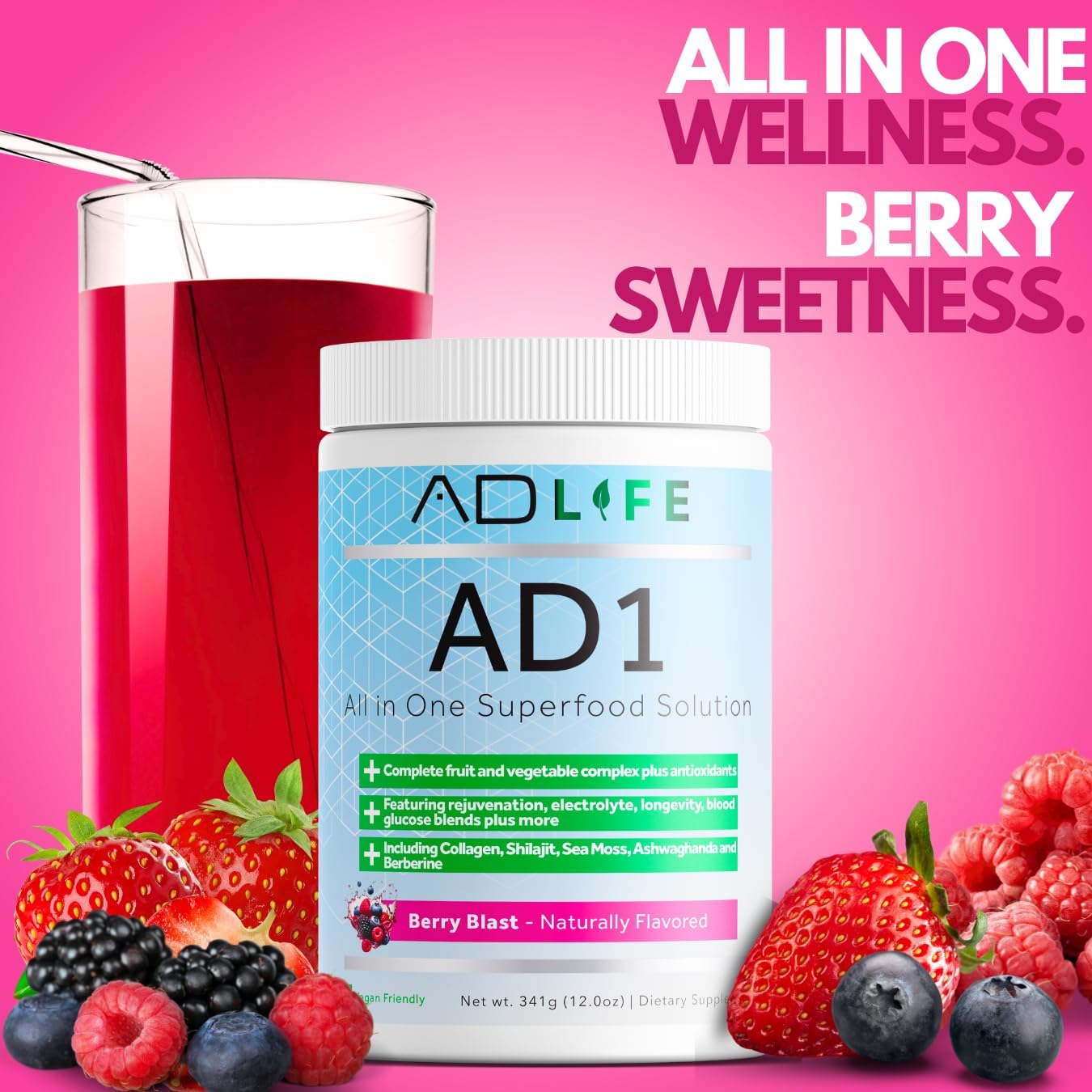 Project AD AD1, All in One Superfood Solution, Complete Fruit and Vegetable Complex Plus Antioxidants, Including Collagen, Shilajit, Sea Moss, Ashwaganda and Berberine (24 Servings)