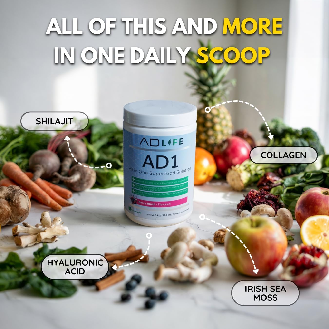 Project AD AD1, All in One Superfood Solution, Complete Fruit and Vegetable Complex Plus Antioxidants, Including Collagen, Shilajit, Sea Moss, Ashwaganda and Berberine (24 Servings)