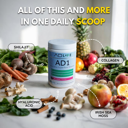 Project AD AD1, All in One Superfood Solution, Complete Fruit and Vegetable Complex Plus Antioxidants, Including Collagen, Shilajit, Sea Moss, Ashwaganda and Berberine (24 Servings)